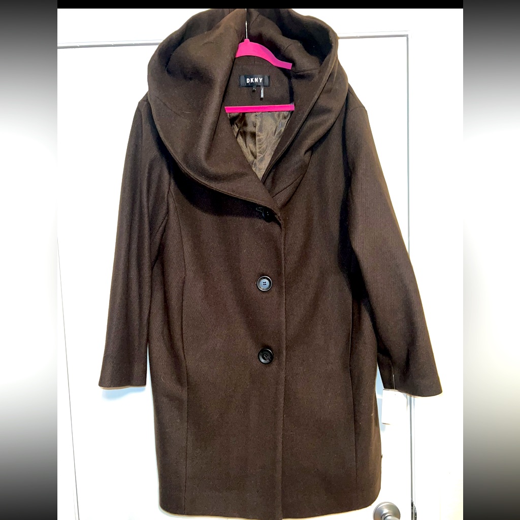 $395 Dkny Brushed Wool-Blend Shawl-Collar Hooded Coat Size M